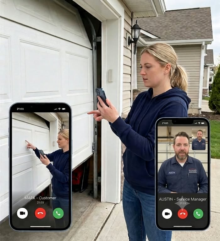 Homeowner showing a real garage door during a live video call